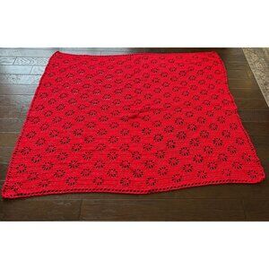 Handmade Red Crochet Blanket With Floral Design 70" x 78" Acrylic
